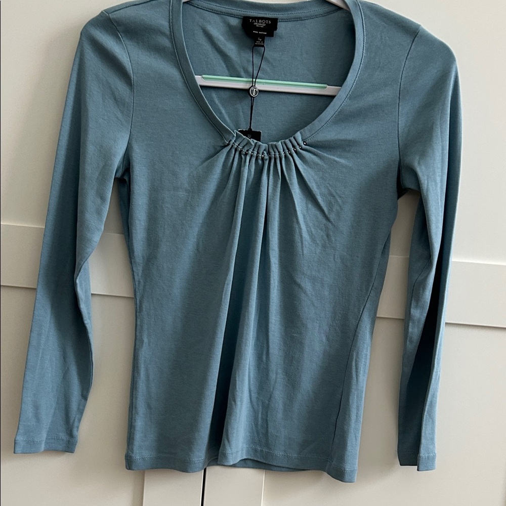 Talbots Long Sleeve Scoop Neck Top in Dusty Blue-Green